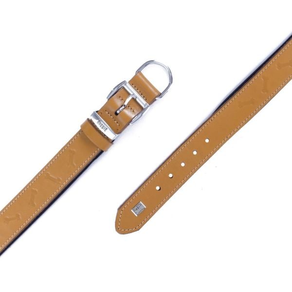 Doggie Konforlu Gerçek Deriden El Yapımı Kemik Desenli Köpek Boyun Tasması 4x52-60cm - Camel