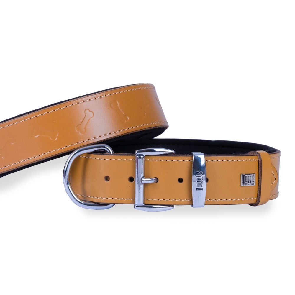 Doggie Konforlu Gerçek Deriden El Yapımı Kemik Desenli Köpek Boyun Tasması 4x52-60cm - Camel