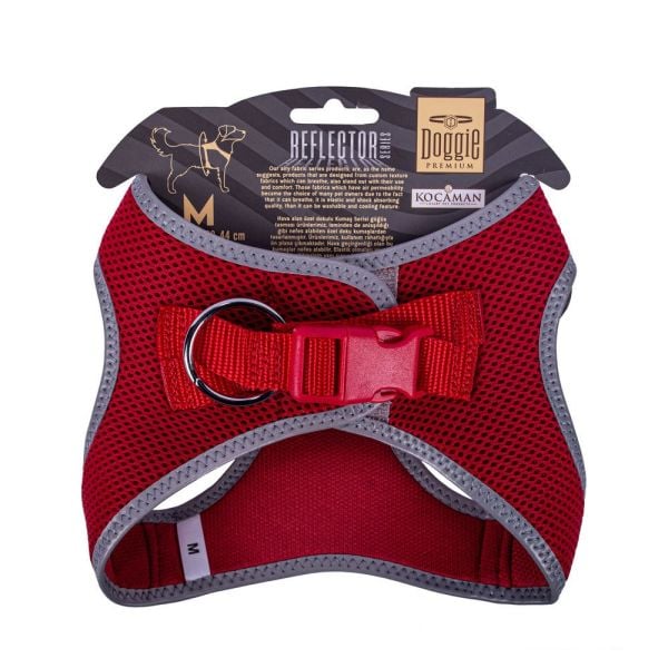 Doggie Havalı Dokumadan Reflektör Serisi El Yapımı Küçük Irk Köpek Göğüs Tasması M 38-44cm - Red