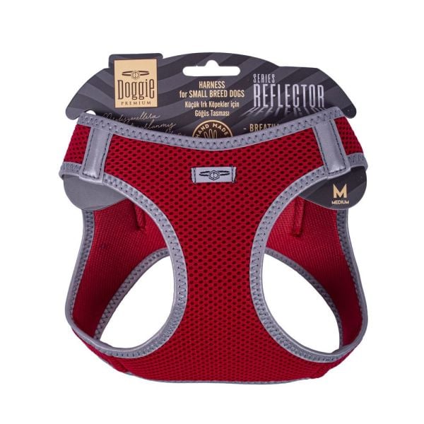 Doggie Havalı Dokumadan Reflektör Serisi El Yapımı Küçük Irk Köpek Göğüs Tasması M 38-44cm - Red