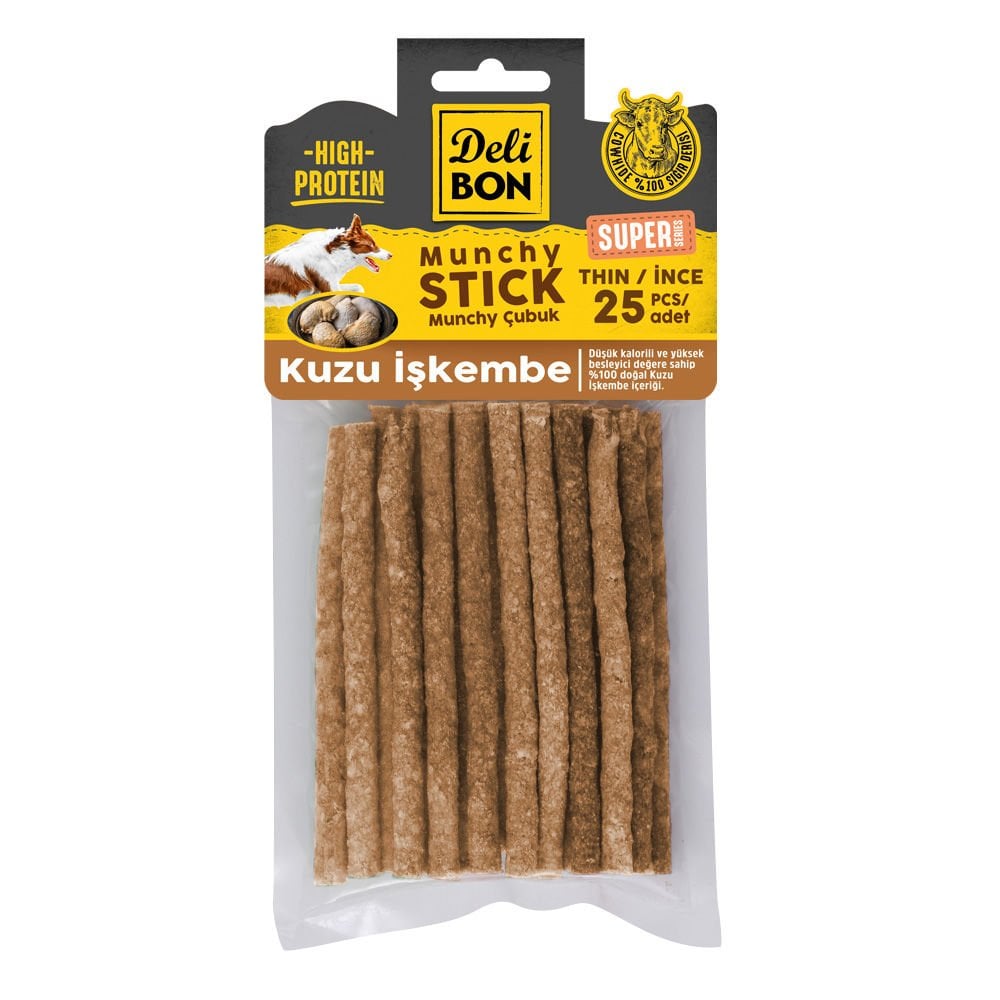 Delibon Kuzu İşkembe Munchy Çubuk Köpek Ödül Maması İnce 25 Adet