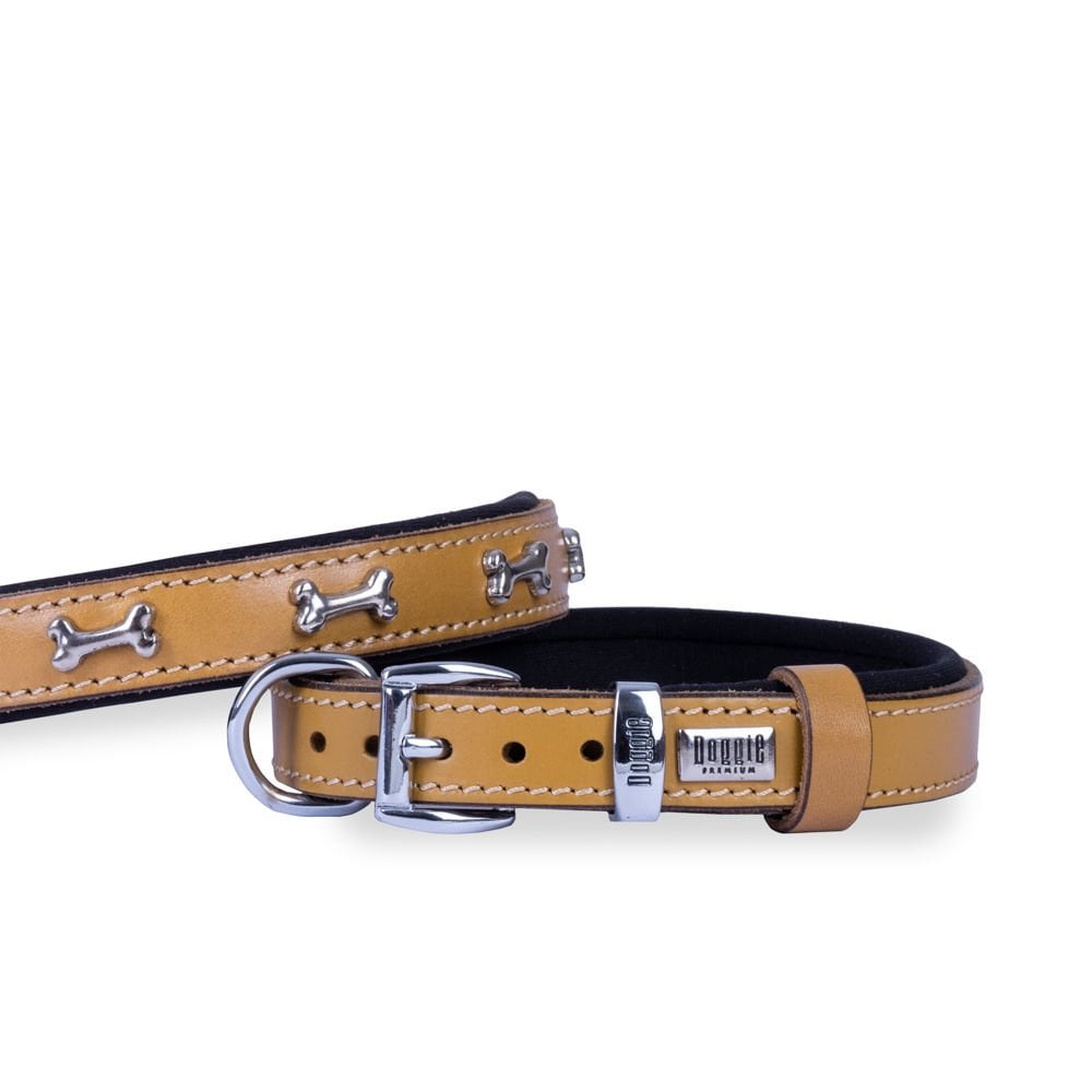 Doggie Konforlu Gerçek Deriden El Yapımı Kemik Süslü Köpek Boyun Tasması 2x35-40cm - Camel