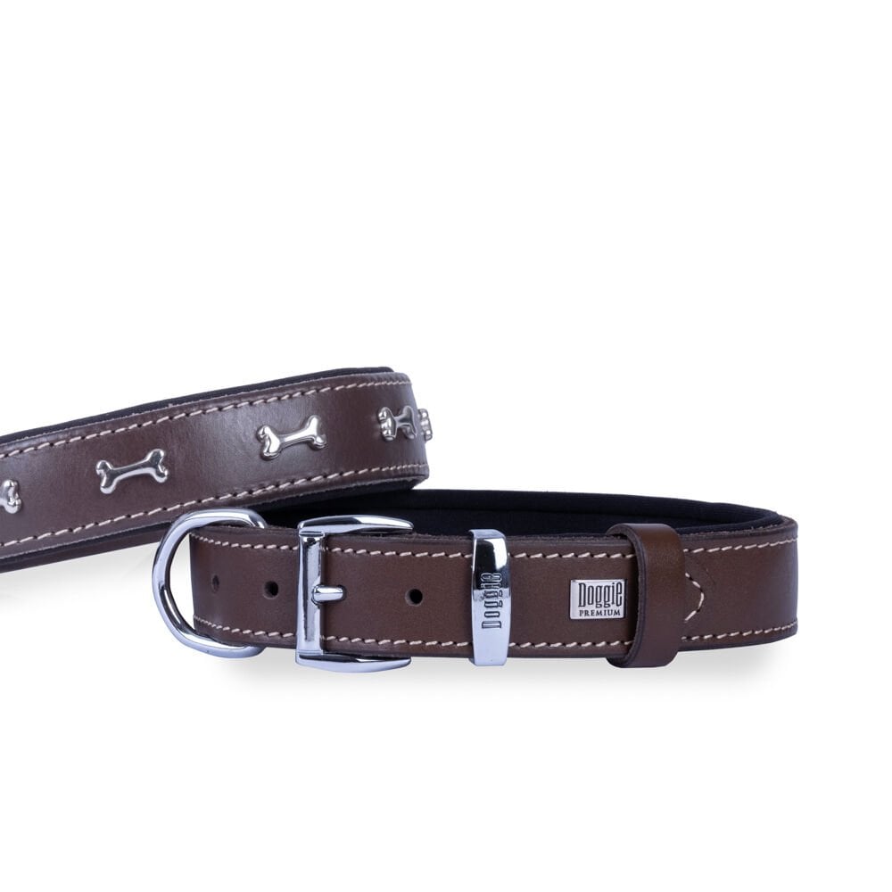 Doggie Konforlu Gerçek Deriden El Yapımı Kemik Süslü Köpek Boyun Tasması 2,5x37-45cm - Brown
