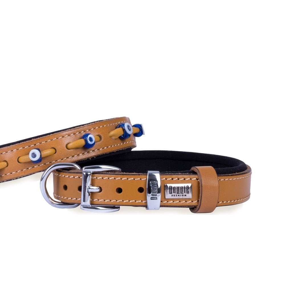 Doggie Konforlu Gerçek Deriden El Yapımı Nazar Boncuklu Köpek Boyun Tasması 2x30-35cm - Camel