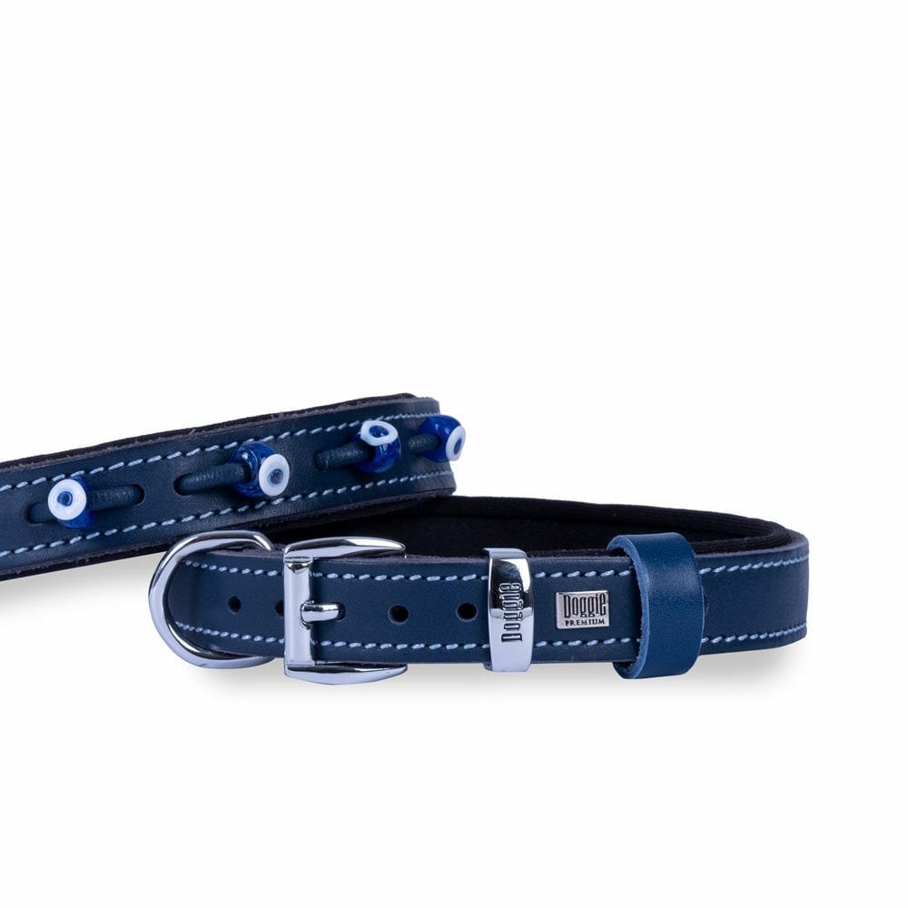 Doggie Konforlu Gerçek Deriden El Yapımı Nazar Boncuklu Köpek Boyun Tasması 2x30-35cm - Royal Blue