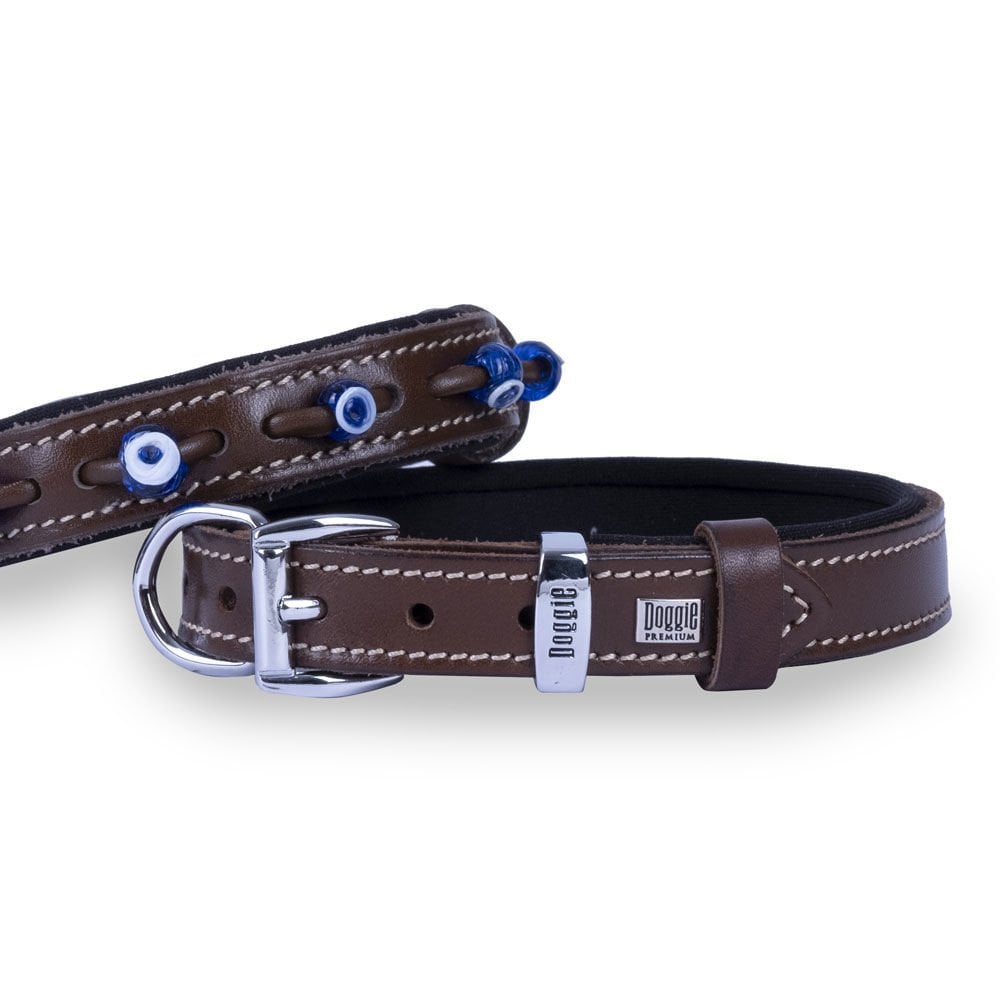 Doggie Konforlu Gerçek Deriden El Yapımı Nazar Boncuklu Köpek Boyun Tasması 2x35-40cm - Brown