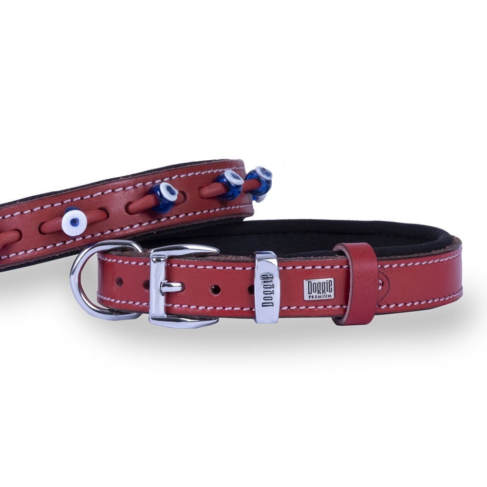 Doggie Konforlu Gerçek Deriden El Yapımı Nazar Boncuklu Köpek Boyun Tasması 2x35-40cm - Red