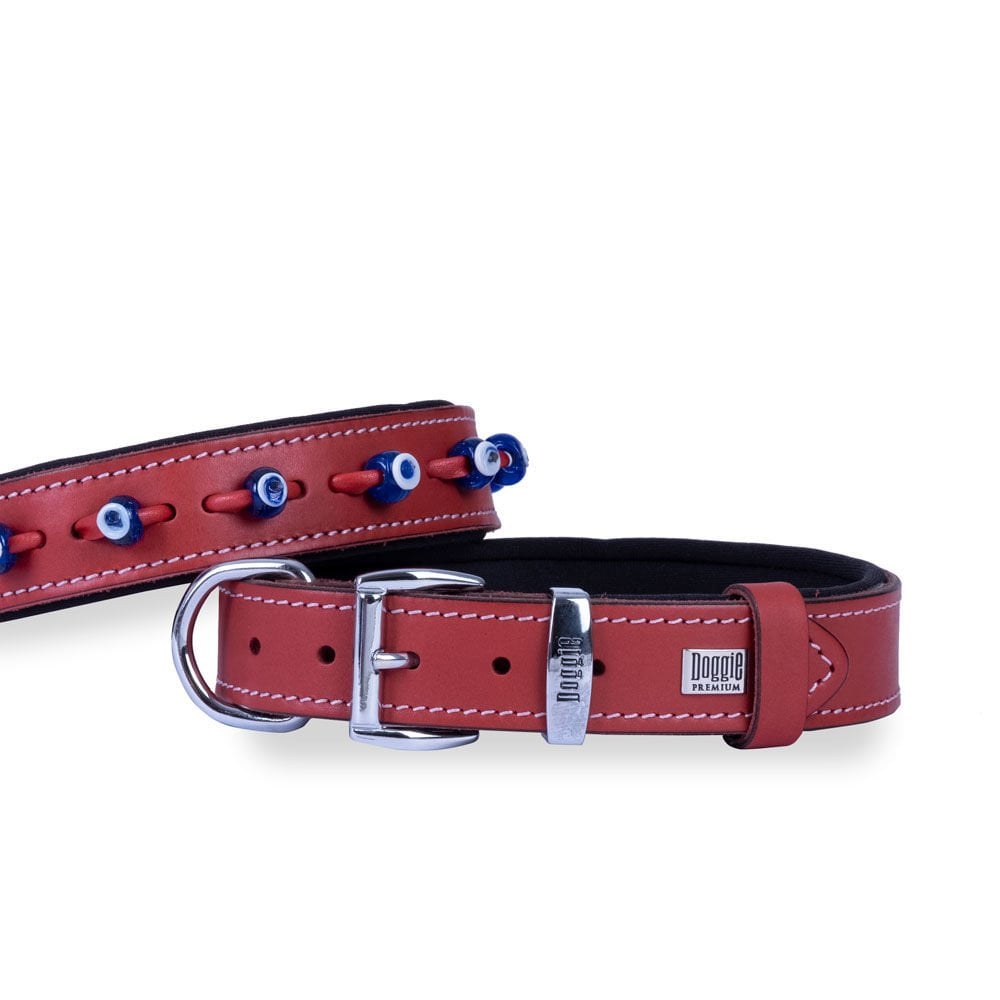 Doggie Konforlu Gerçek Deriden El Yapımı Nazar Boncuklu Köpek Boyun Tasması 2,5x37-45cm - Red