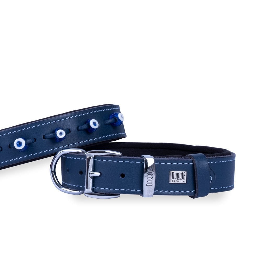 Doggie Konforlu Gerçek Deriden El Yapımı Nazar Boncuklu Köpek Boyun Tasması 2,5x37-45cm - Royal Blue