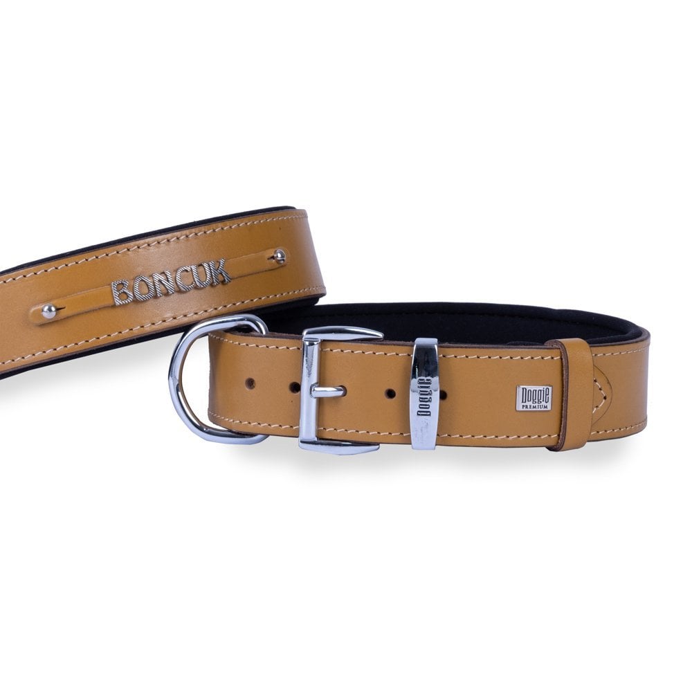 Doggie Konforlu Gerçek Deriden El Yapımı İsimlikli Köpek Boyun Tasması 4x52-60cm - Camel