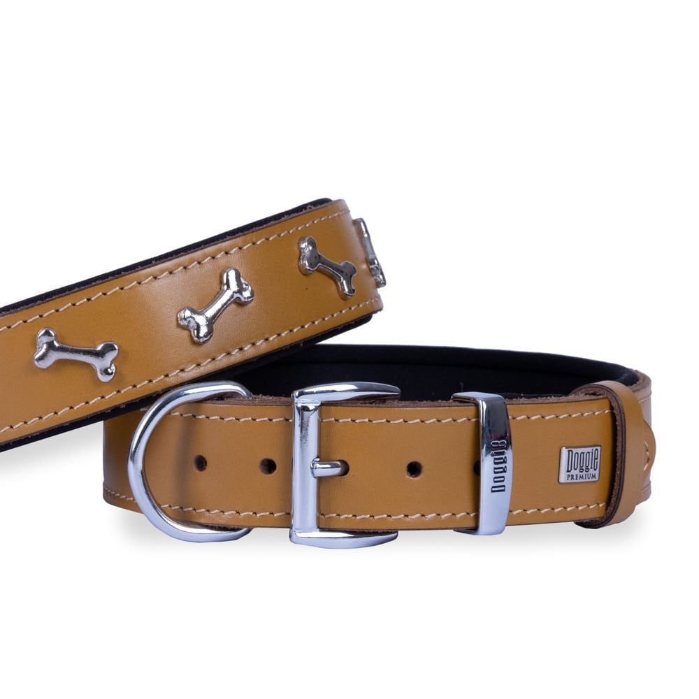 Doggie Konforlu Gerçek Deriden El Yapımı Kemik Süslü Köpek Boyun Tasması 3,5x47-55cm - Camel