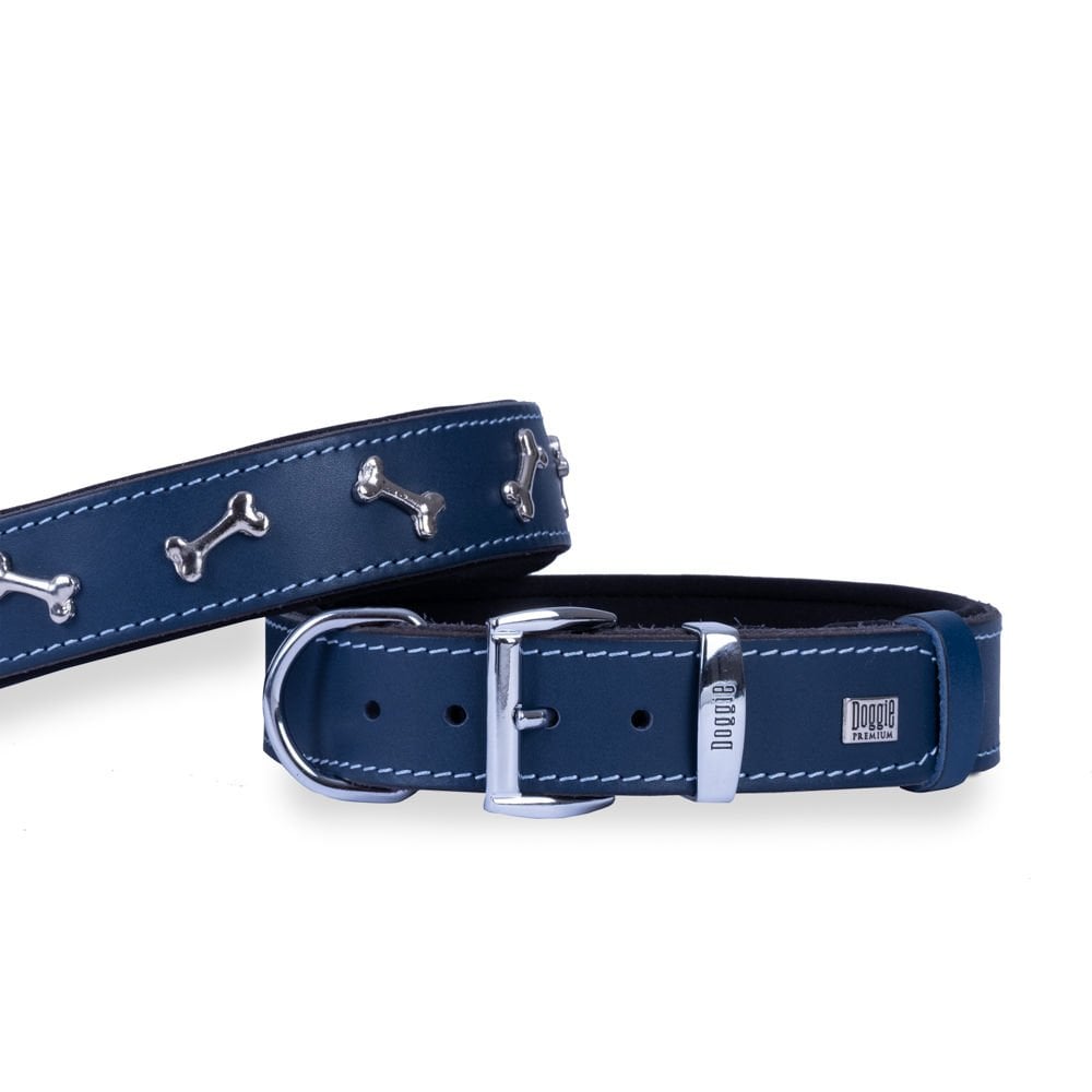 Doggie Konforlu Gerçek Deriden El Yapımı Kemik Süslü Köpek Boyun Tasması 3,5x47-55cm - Royal Blue