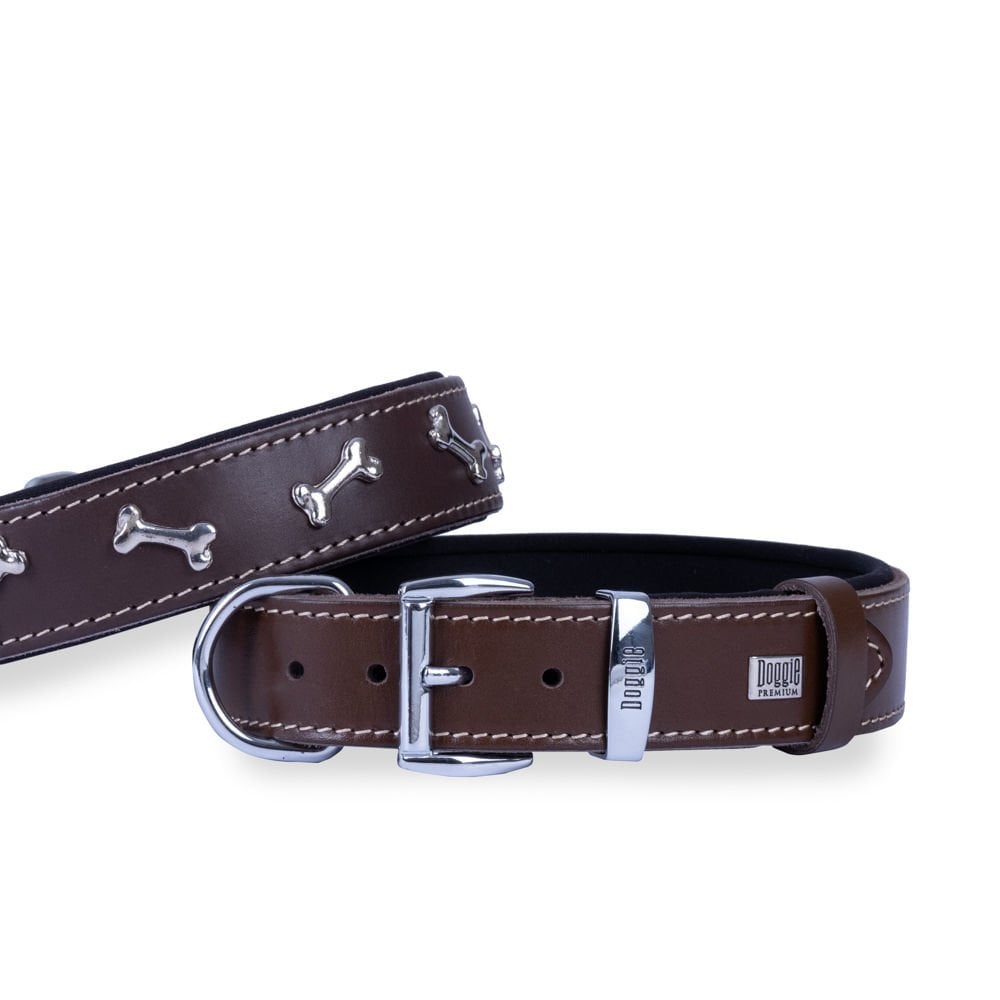 Doggie Konforlu Gerçek Deriden El Yapımı Kemik Süslü Köpek Boyun Tasması 3,5x52-60cm - Brown