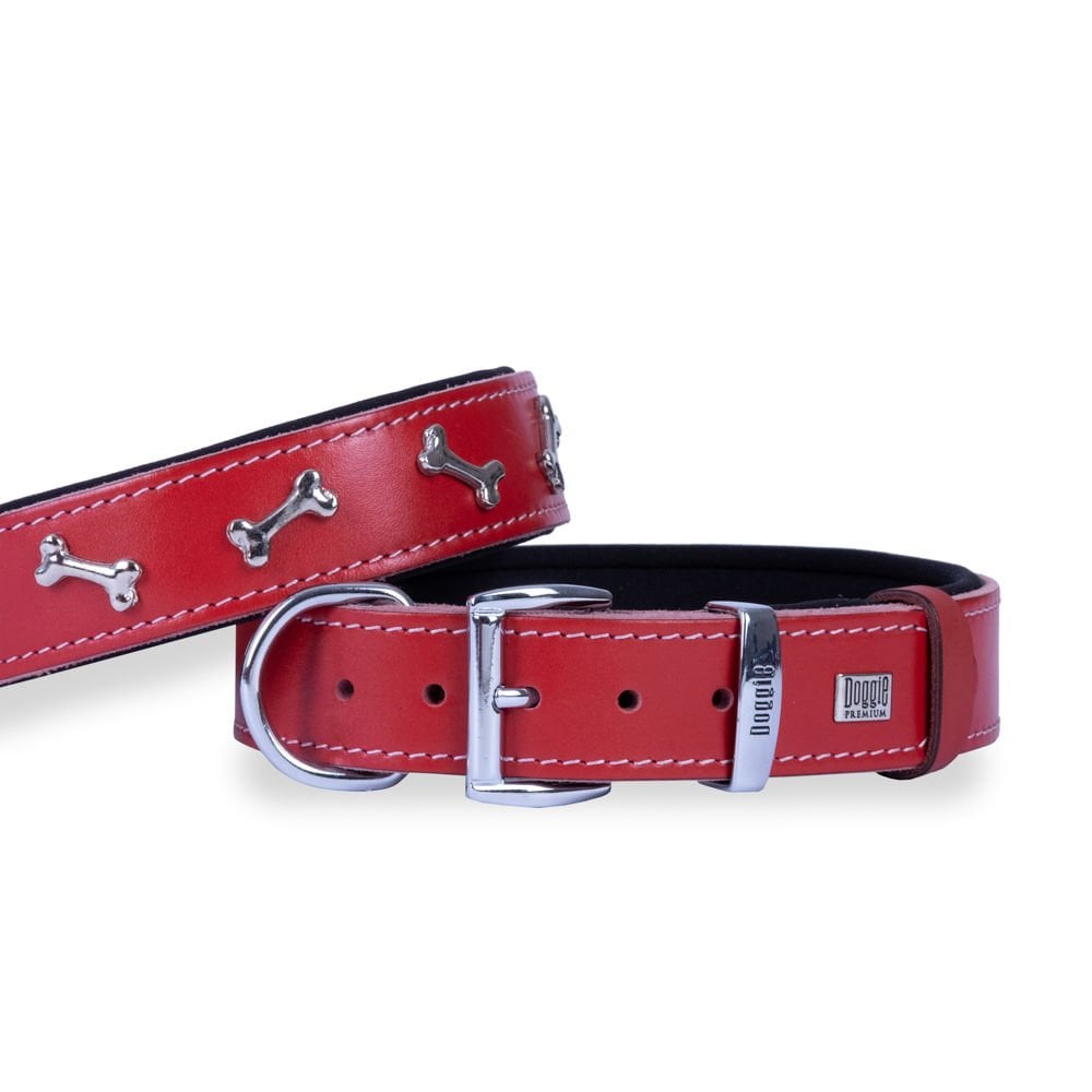 Doggie Konforlu Gerçek Deriden El Yapımı Kemik Süslü Köpek Boyun Tasması 3,5x52-60cm - Red