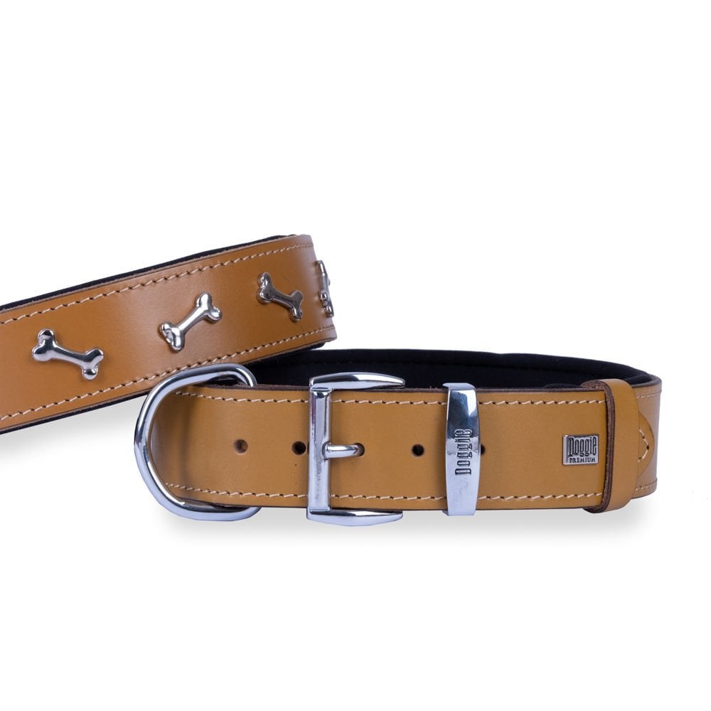 Doggie Konforlu Gerçek Deriden El Yapımı Kemik Süslü Köpek Boyun Tasması 4x52-60cm - Camel