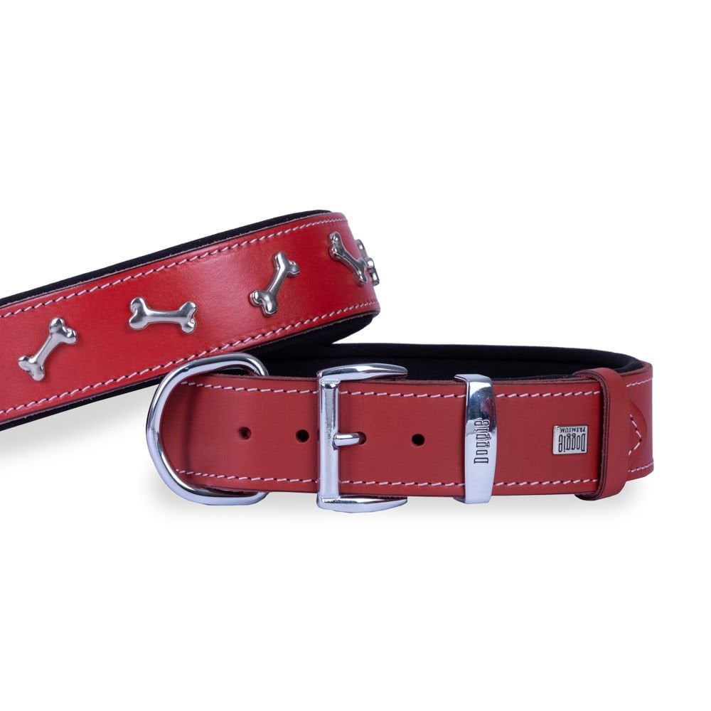 Doggie Konforlu Gerçek Deriden El Yapımı Kemik Süslü Köpek Boyun Tasması 4x52-60cm - Red