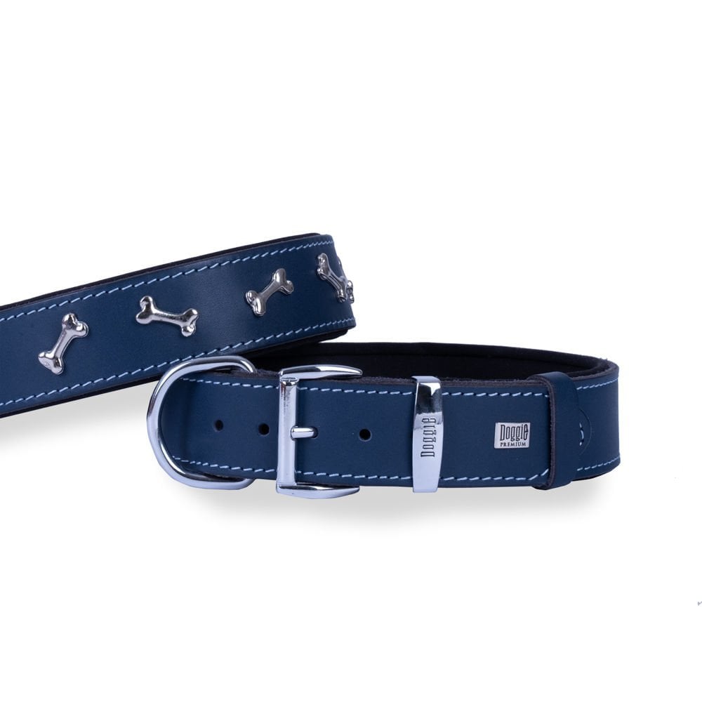 Doggie Konforlu Gerçek Deriden El Yapımı Kemik Süslü Köpek Boyun Tasması 4x52-60cm - Royal Blue