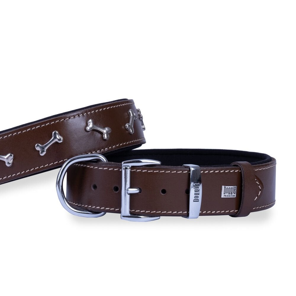 Doggie Konforlu Gerçek Deriden El Yapımı Kemik Süslü Köpek Boyun Tasması 4x57-65cm - Brown