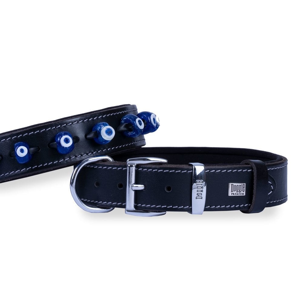 Doggie Konforlu Gerçek Deriden El Yapımı Nazar Boncuklu Köpek Boyun Tasması 3,5x47-55cm - Black