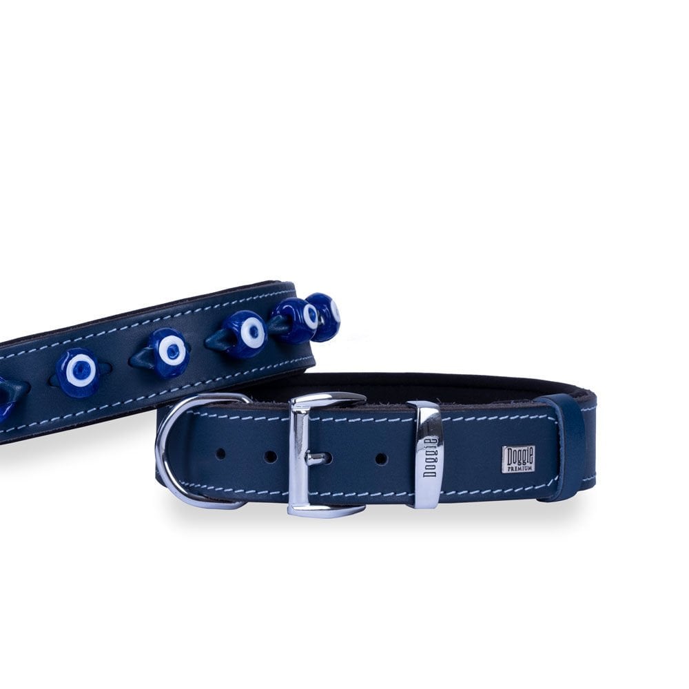 Doggie Konforlu Gerçek Deriden El Yapımı Nazar Boncuklu Köpek Boyun Tasması 3,5x47-55cm - Royal Blue