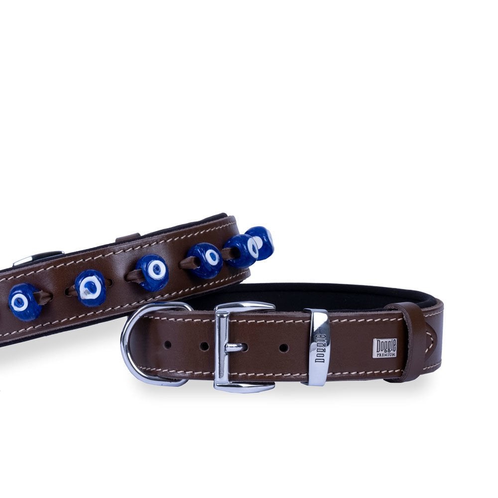 Doggie Konforlu Gerçek Deriden El Yapımı Nazar Boncuklu Köpek Boyun Tasması 3,5x52-60cm - Brown