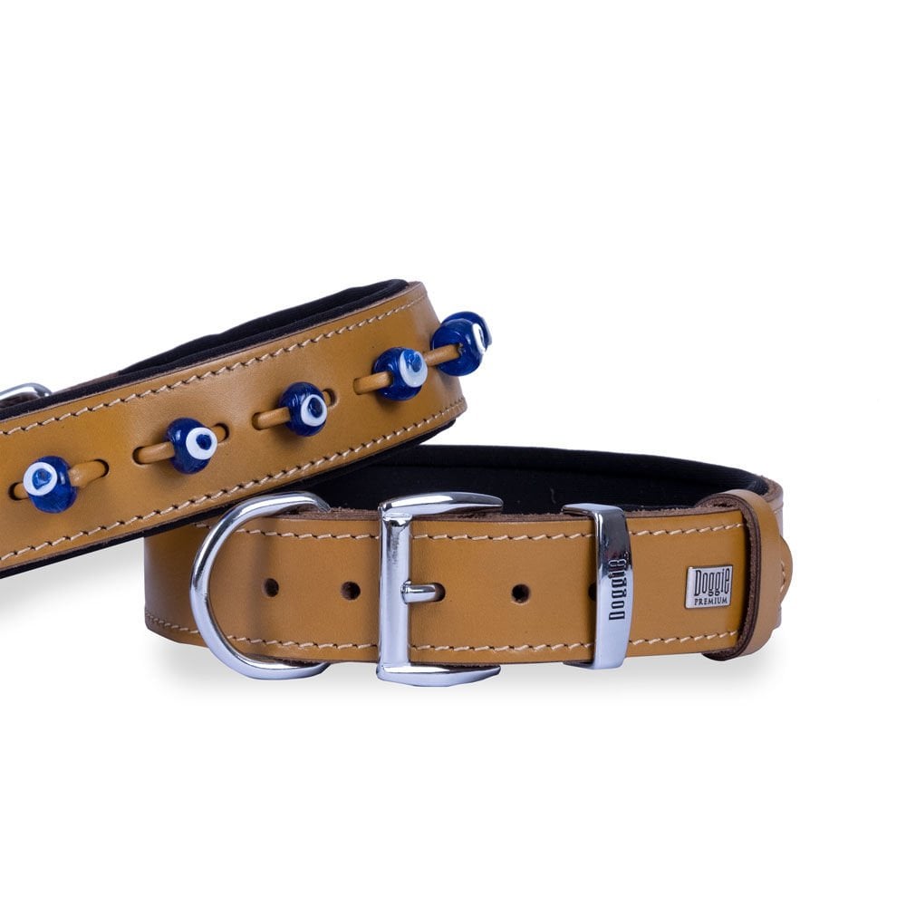 Doggie Konforlu Gerçek Deriden El Yapımı Nazar Boncuklu Köpek Boyun Tasması 3,5x52-60cm - Camel