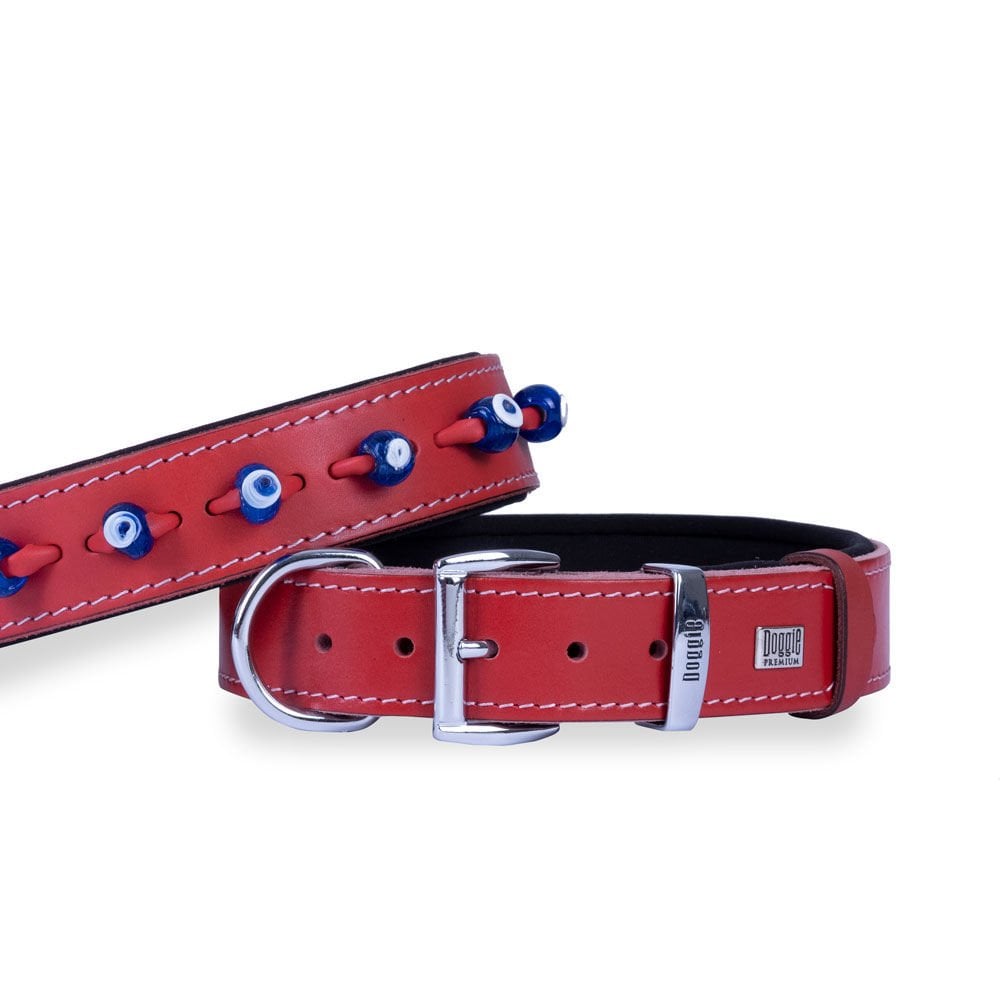Doggie Konforlu Gerçek Deriden El Yapımı Nazar Boncuklu Köpek Boyun Tasması 3,5x52-60cm - Red