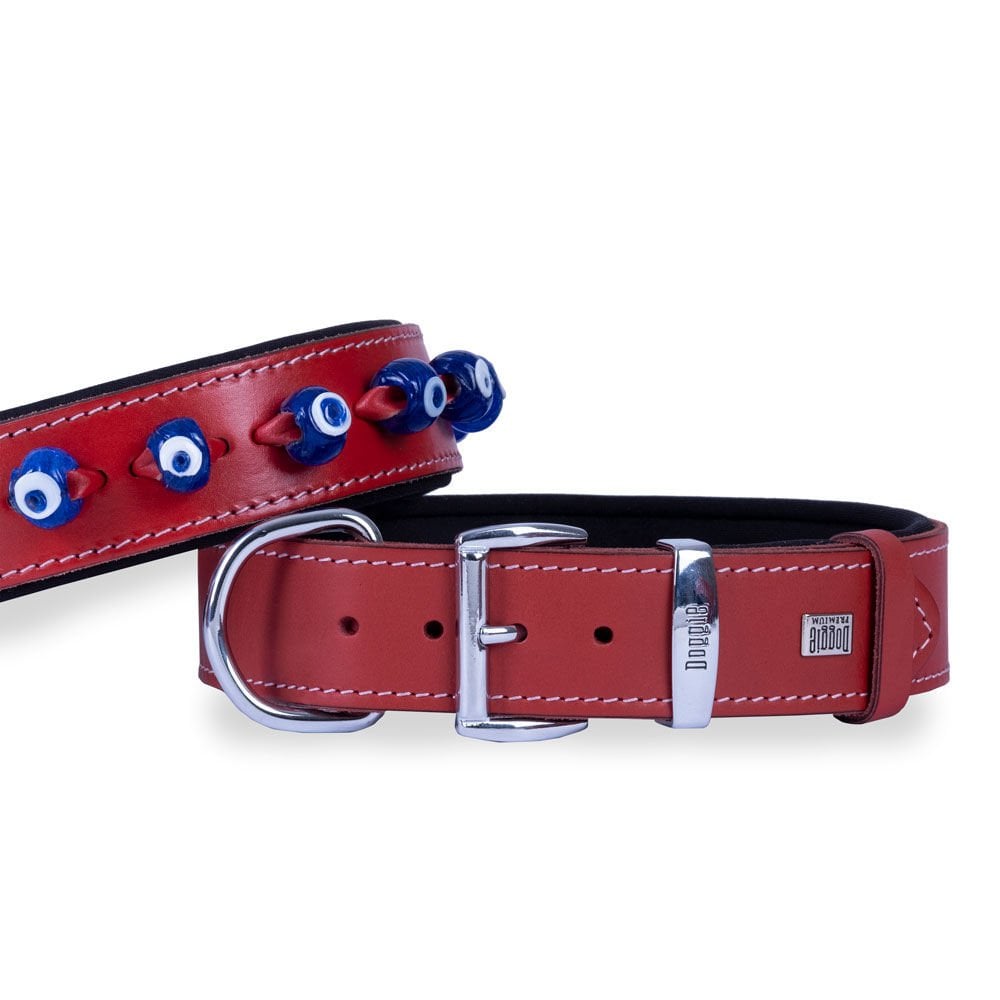 Doggie Konforlu Gerçek Deriden El Yapımı Nazar Boncuklu Köpek Boyun Tasması 4x47-55cm - Red