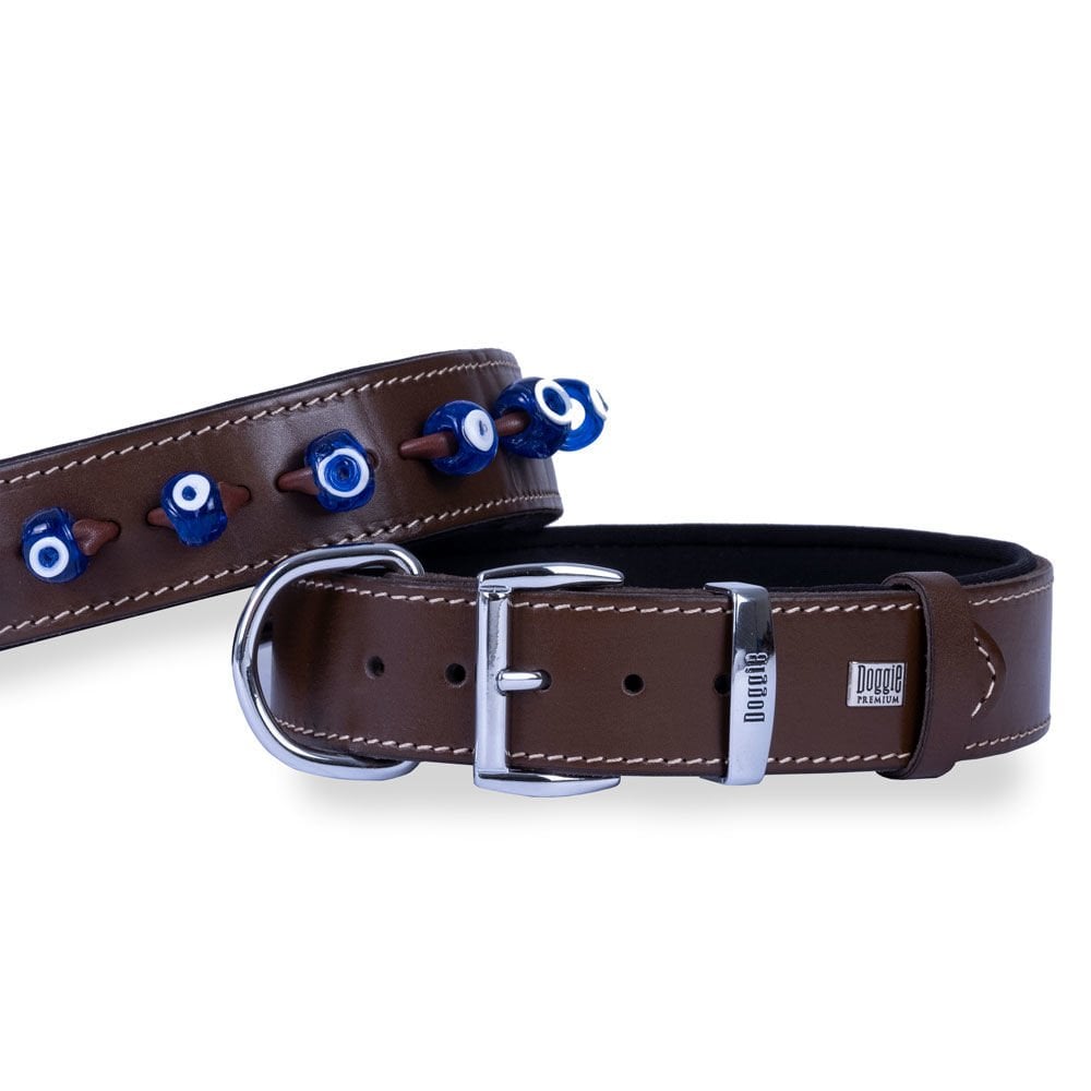 Doggie Konforlu Gerçek Deriden El Yapımı Nazar Boncuklu Köpek Boyun Tasması 4x52-60cm - Brown