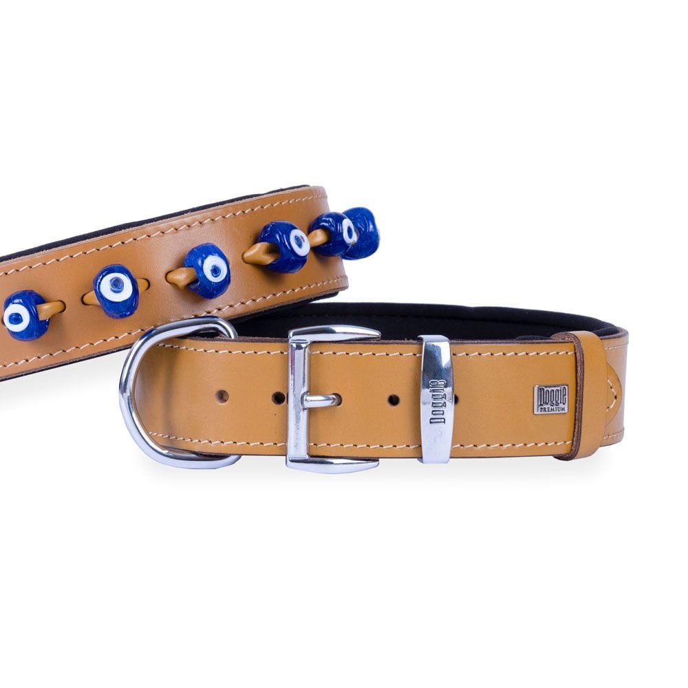 Doggie Konforlu Gerçek Deriden El Yapımı Nazar Boncuklu Köpek Boyun Tasması 4x57-65cm - Camel