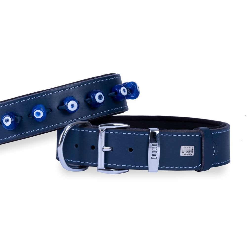 Doggie Konforlu Gerçek Deriden El Yapımı Nazar Boncuklu Köpek Boyun Tasması 4x57-65cm - Royal Blue